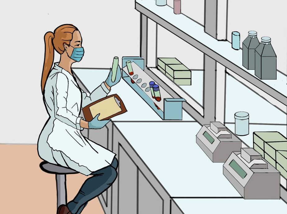 scientist seated at lab table with test tube and clipboard