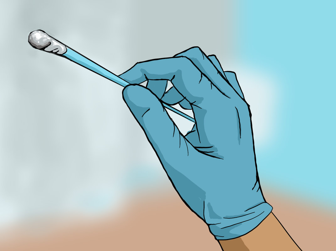 close up of gloved hand holding nasal swab